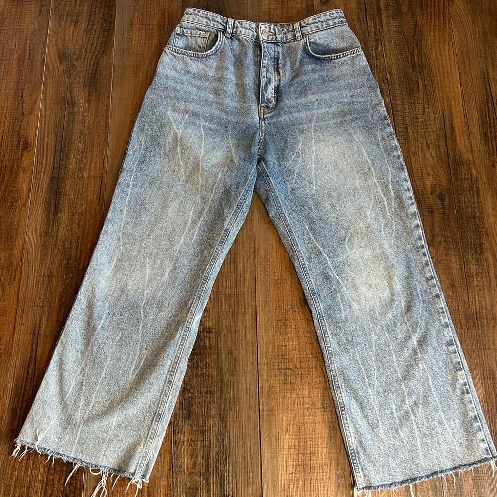 Wide leg high waist acid washed Blue Denim Jeans